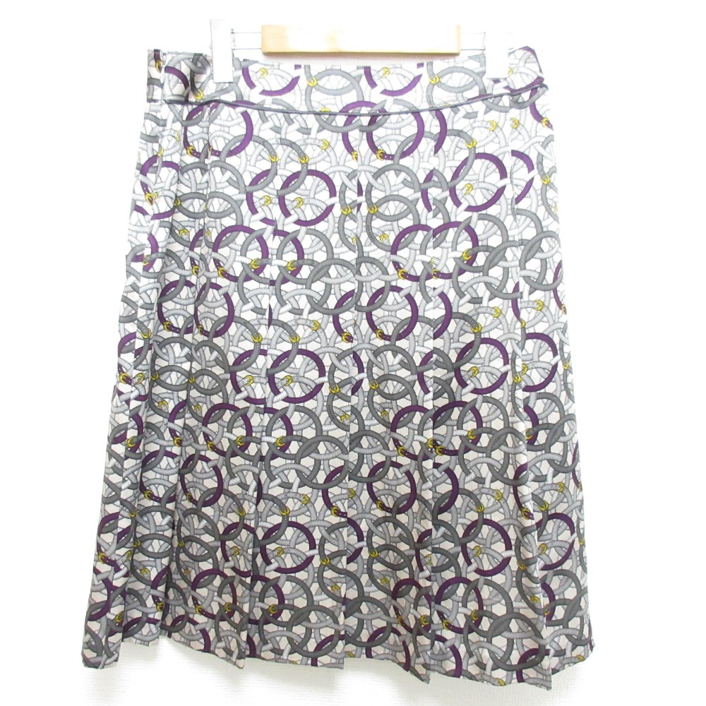 良品 BURBERRY LONDON バーバリーロンドン ベルトサークル柄 シルクプリーツスカート 大きいサイズ 44 ベージュ系 マルチカラー