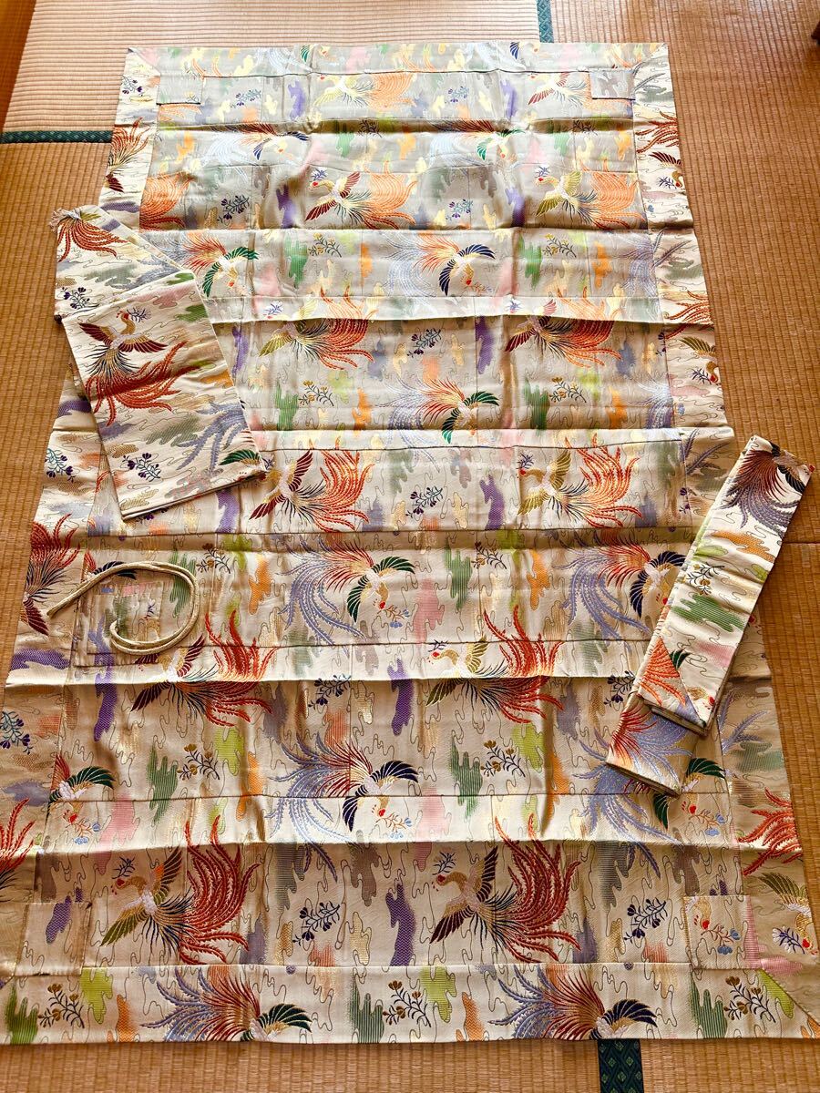 ★送料無料★曹洞宗◆大極上◆美品◆冬物◆正絹◆金蘭緞子彩色鳳凰模様七条袈裟共座具帽子３点揃い◆法衣◆