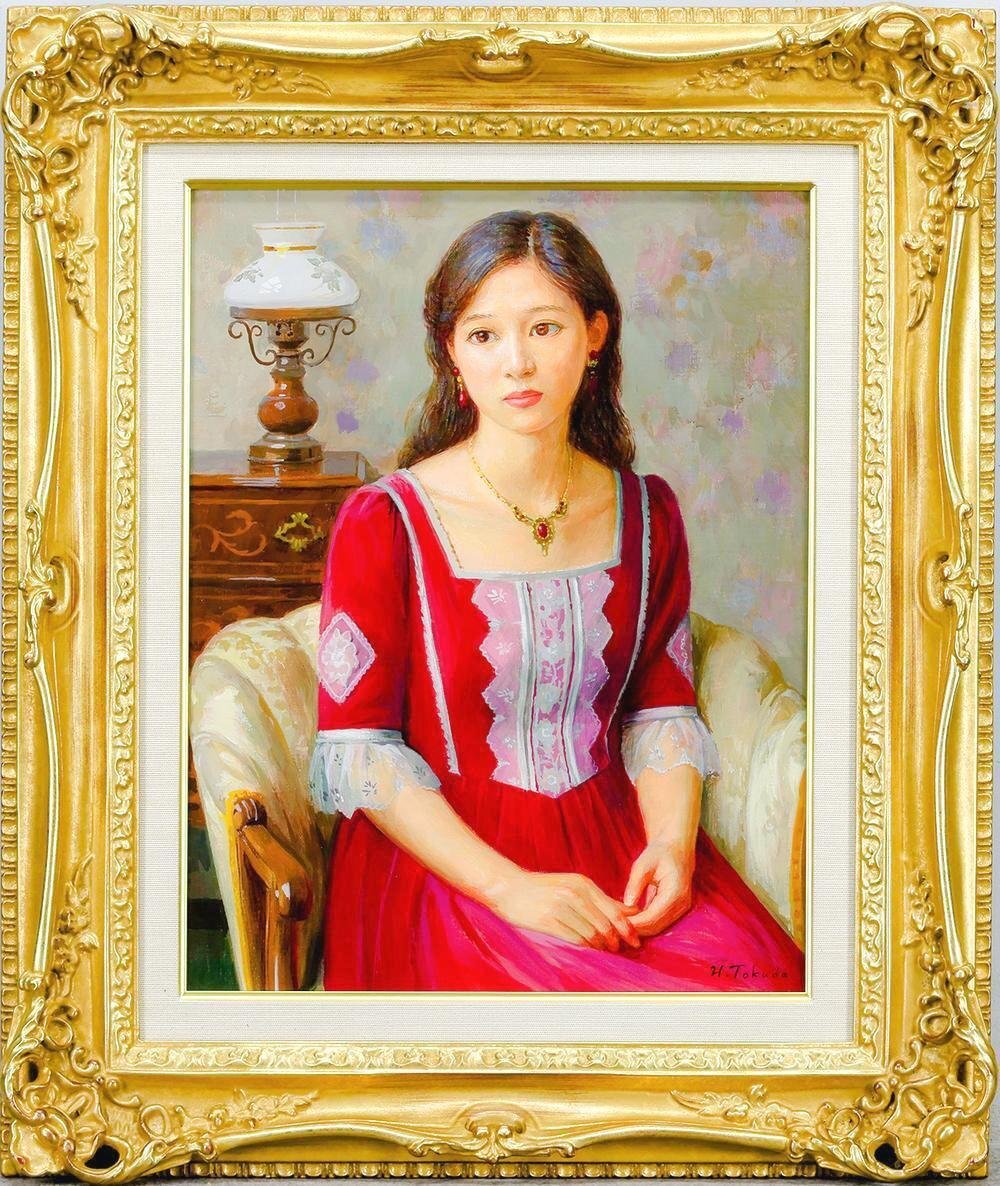 真作】【WISH】徳田宏行「赤いドレス」油彩 6号 ◇洗練された 真作】【WISH】徳田宏行「赤いドレス」油彩 6号 ◇洗練された