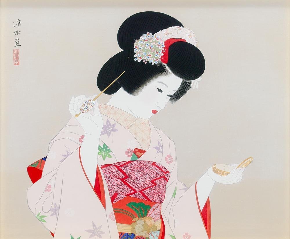 真作】【WISH】伊東深水「手鏡」木版画 約8号 〇美人画巨匠 日本 真作】【WISH】伊東深水「手鏡」木版画 約8号 〇美人画巨匠 日本