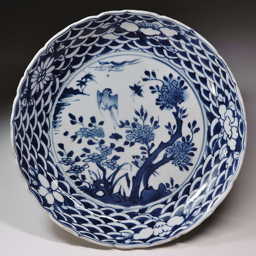 古い中国 おわ 清朝 染付 花文 花鳥図 輪花 15cm 深皿 古い中国 おわ 清朝 染付 花文 花鳥図 輪花 15cm 深皿