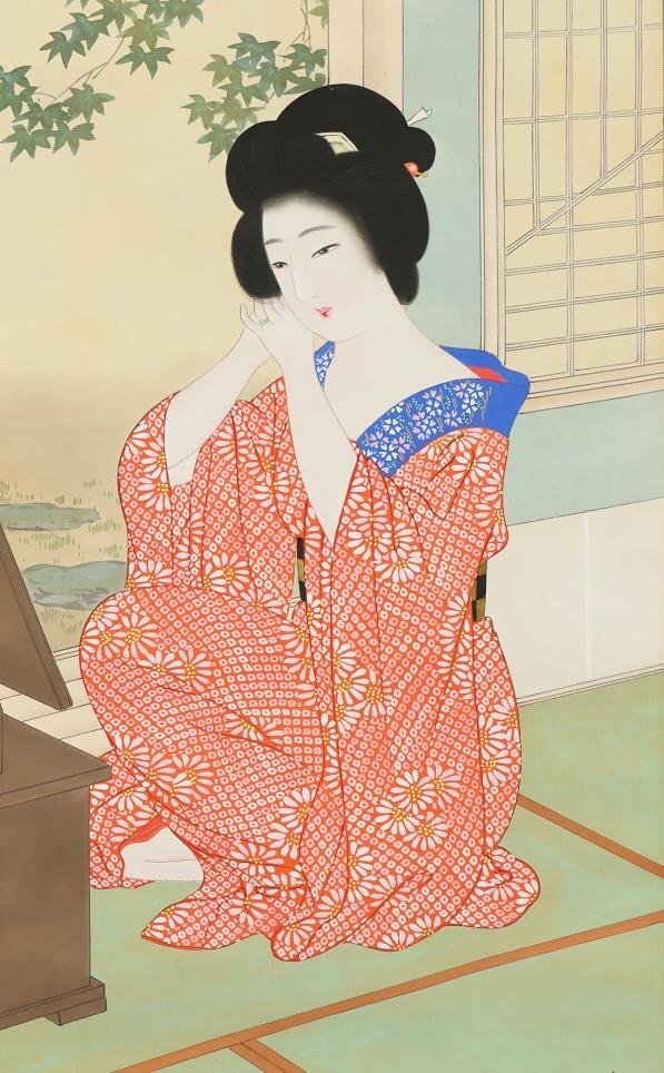 模写】極彩色 美人画 在銘 絹本 肉筆 掛軸 日本画 詳細不明 模写】極彩色 美人画 在銘 絹本 肉筆 掛軸 日本画 詳細不明