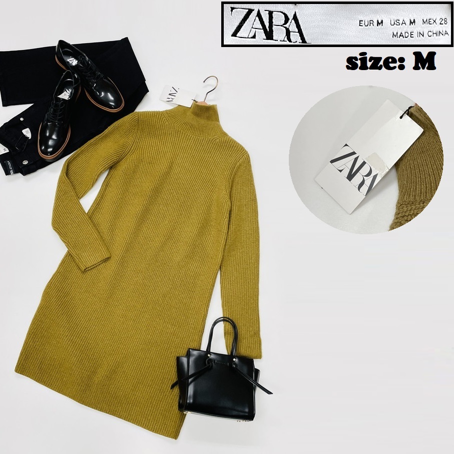 ZARA /M/ yellow group high‐necked knitted One-piece long sleeve dress lady's tag attaching casual commuting adult pretty cloth nylon acrylic fiber . Zara 