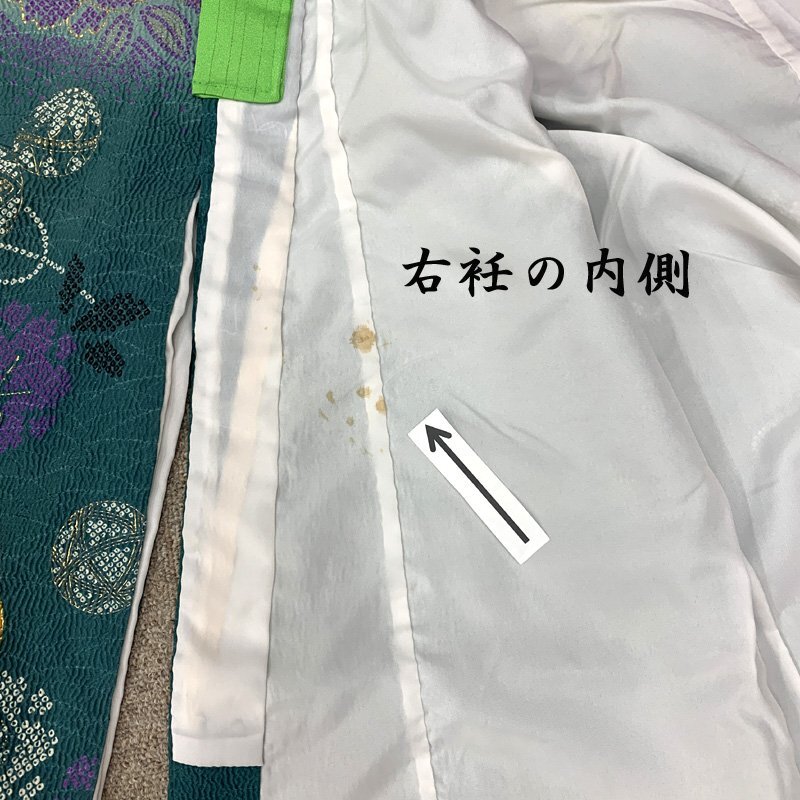 □きものマーチ□七五三 七歳 女児 著物&袋帯 金彩 縮緬 扇 赤緑□狀態(tài)良好 412ag63