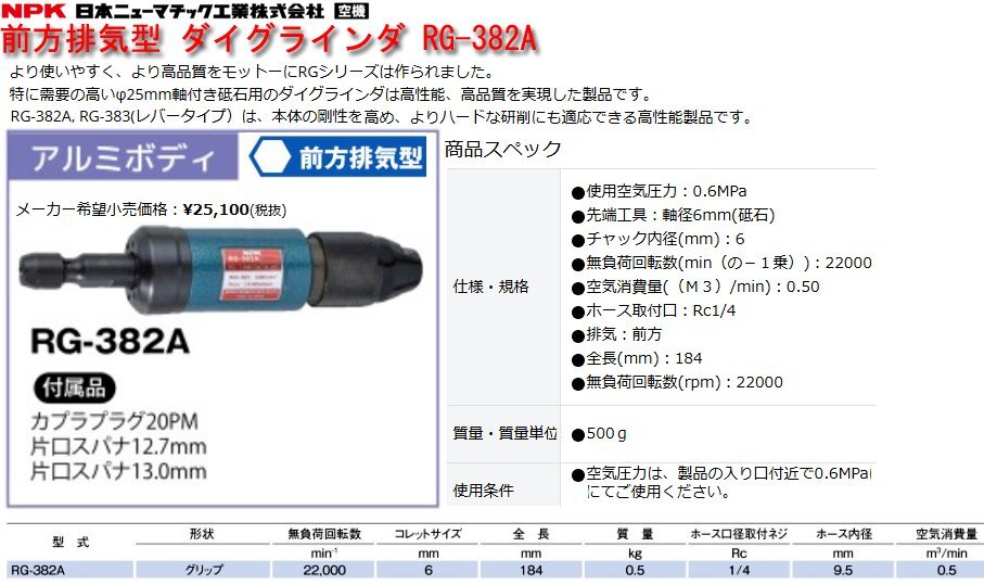 ☆激安！NPK/日本ニューマチック 前方排気型 ダイグラインダ RG-382A(定価\25,100円税別) 研磨砥石付き 21年製/中古美品□NM
