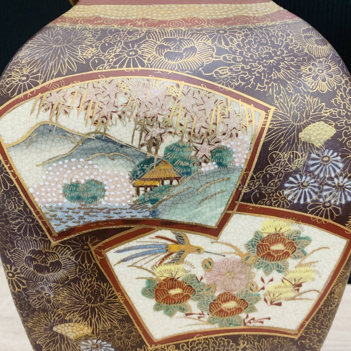 薩摩焼 飾り壷 金彩 金つぶ 山水 花鳥文 花瓶 連山 飾り耳付 Yahoo!オークション - 薩摩焼 飾り壷 金彩 金つぶ 山水 花鳥文