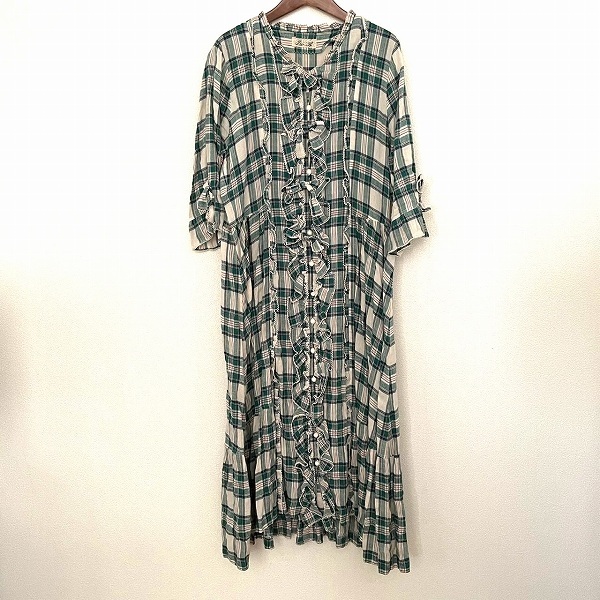 #snc ルイスキャロル TW.A ワンピース 緑 アイボリー 麻混 チェック リボン フリル レディース [890747]