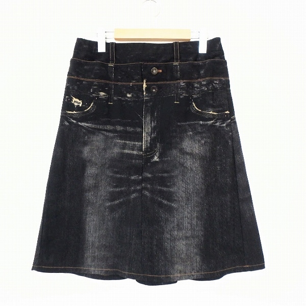 #anc ヒロココシノ HIROKOKOSHINO トランク TRUNK スカート 40 黒系 デニム風プリント ストレッチ レディース [921358]