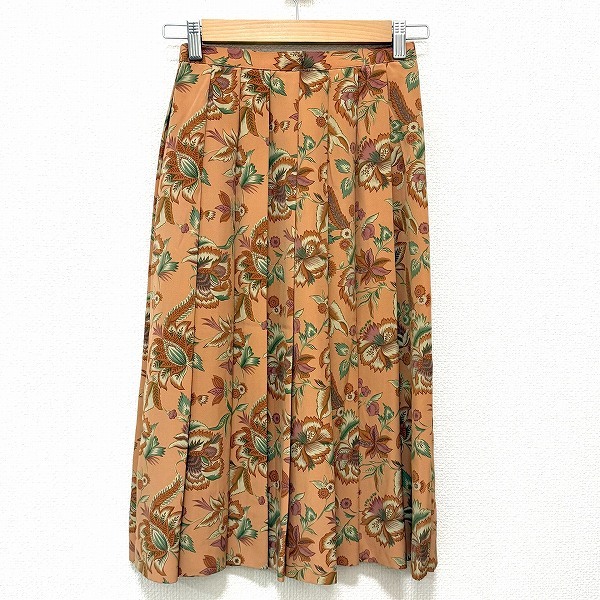#anc バーバリー BURBERRY スカート 7AR オレンジ系 緑 花柄 プリーツ サイドジップ ヴィンテージ レディース [923173]