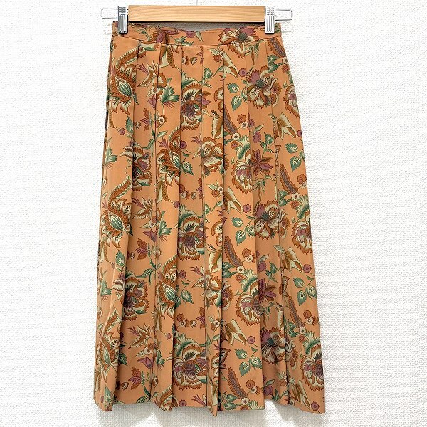 #anc バーバリー BURBERRY スカート 7AR オレンジ系 緑 花柄 プリーツ サイドジップ ヴィンテージ レディース [923173]