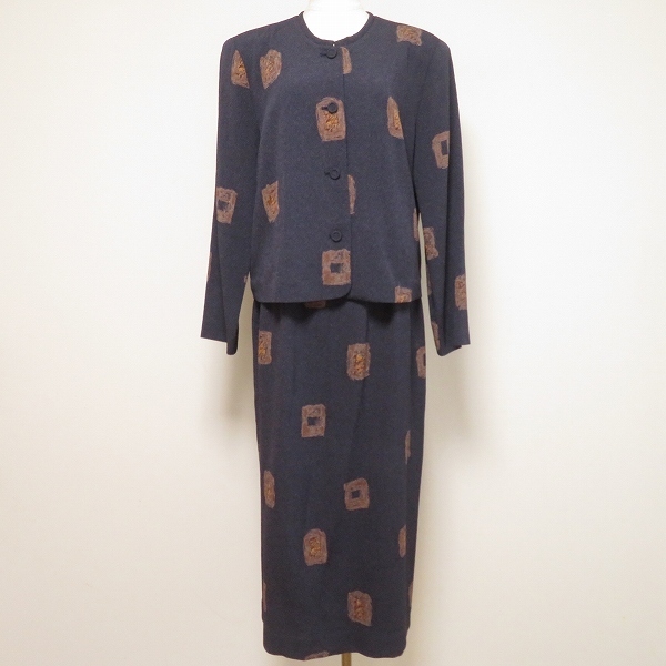 #anc サンネンザカ 三年坂 feminine セットアップ ツーピース M 紺系 茶 ちりめん ノーカラー 総柄 ロング レディース [922625]