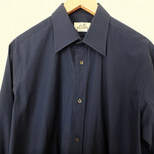 #apc エルメス HERMES 長袖シャツ 42 紺 セリエボタン Yシャツ フランス制 メンズ [900377]