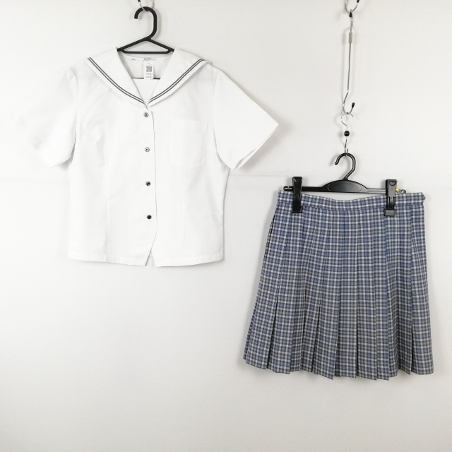 1円 セーラー服 チェックスカート 上下2点セット LL 大きいサイズ 富士ヨット 夏物 グレー2本線 女子 岡山真庭高校 白 中古 ランクC EY5403