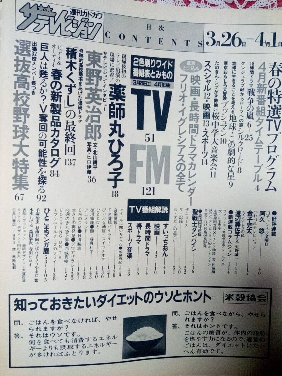 ザ・テレビジョン 1983年4月1日号「中部版」☆薬師丸ひろ子4p ザ・テレビジョン 1983年4月1日号「中部版」☆薬師丸ひろ子4p