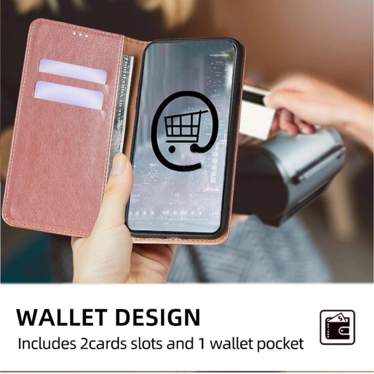 AQUOS Sense3 ケース 手帳型 アクオス SH-02M/SH-RM12/SH-M12/SHV45 高級PUレザー 横置きスタンド機能 カード収納 マグネット搭載 ピンク_画像3