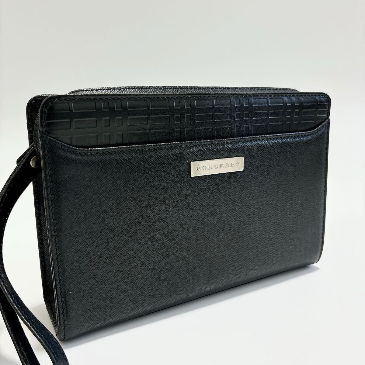 美品 BURBERRY バーバリー レザー クラッチバッグ セカンドバッグ メンズ ブラック 黒 ビジネス ロゴプレート 