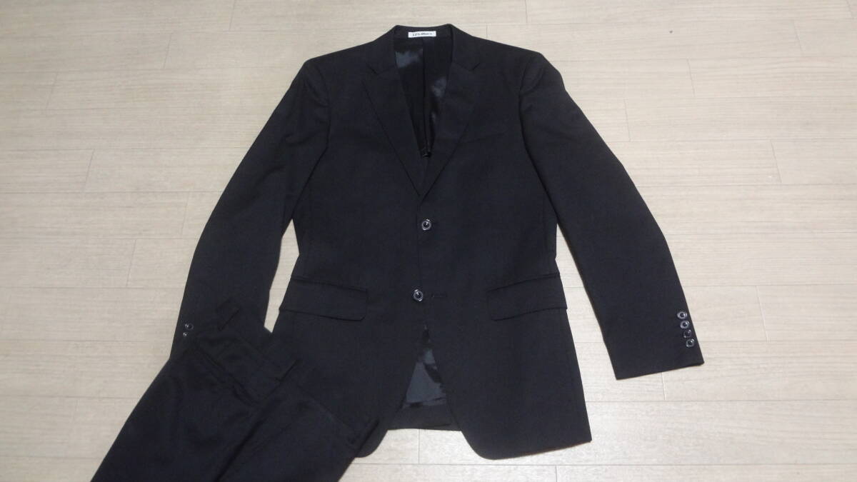 美品175cmW78cm Y6★LesMues☆レミュー★美シルエット★2Bスリムスーツ黒/ブラック冠婚葬祭礼服喪服結婚葬式儀法事お通夜★シングル２釦
