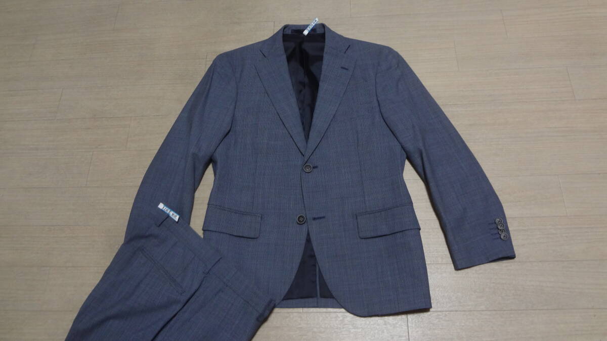 美品165cmW82cm★日本製DIFFERENCE★秋冬物★美シルエット★2Bスリムスーツ/紺グレー織り素材★総裏★シングル２釦★ビジネス★就活営業