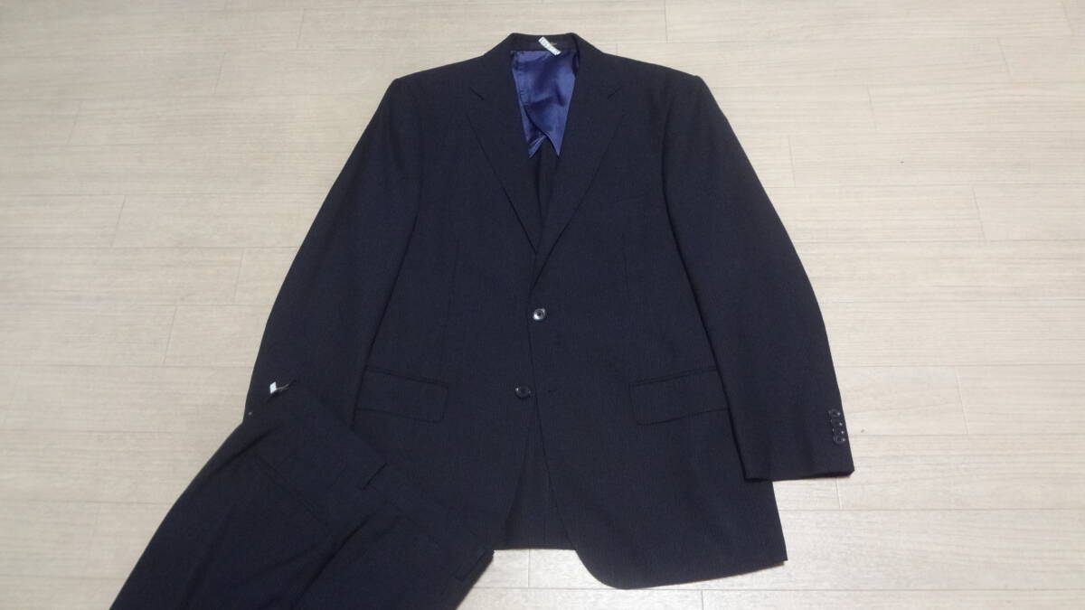美品175cmW82cm★イギリス製Britannia×SAVILE ROW LONDON★上質2Bスーツ/黒濃グレー織りストライプ★英国ブリタニア×サヴィルロウ