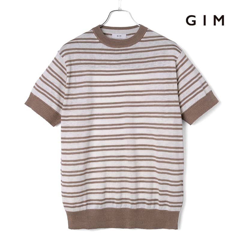 ◆【GIM(ジム)/春夏/オーガニックリネン12Gボーダー柄半袖クルーネックニット】[gim2380101-L]_画像1
