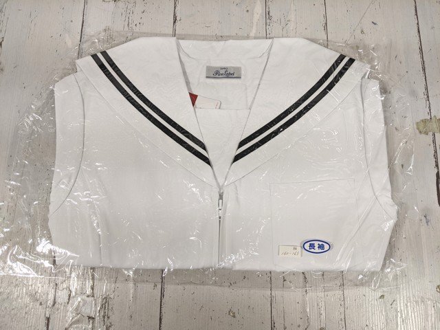 【as1155】中学校 高校 女子用学生服 制服 前割 夏セーラー長袖上衣 大府型 カンコー KF3102LK 白×黒2本ライン サイズ：W1 未使用◆W70