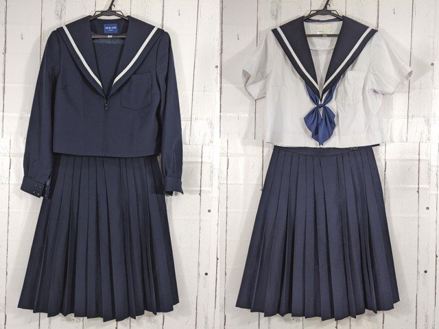 【as462】愛知県 日進中学校 女子用 学生服 制服 冬服・夏服セーラー服+夏服スカート+リボン◆X55