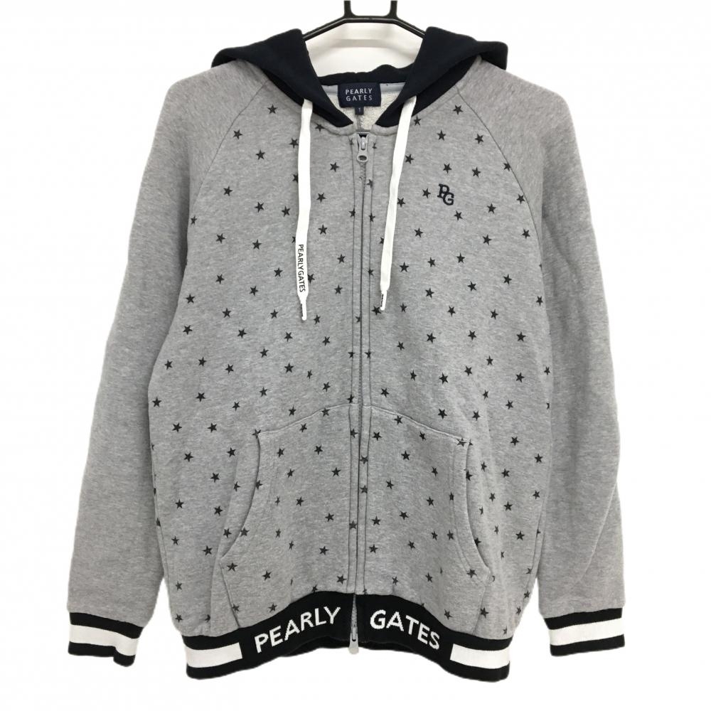 【美品】パーリーゲイツ ジップパーカー 杢グレー×ネイビー 身頃星柄 裏起毛 レディース 1(M) ゴルフウェア PEARLY GATES