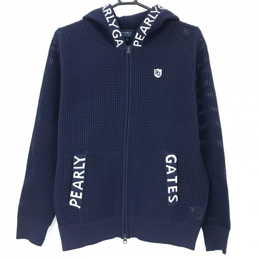 【超美品】パーリーゲイツ メッシュニットパーカー ネイビー×白 透かし編み レディース 1(M) ゴルフウェア PEARLY GATES