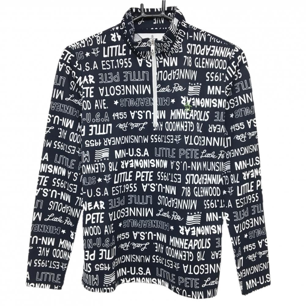 【新品】マンシングウェア 長袖ハイネックシャツ ネイビー×白 ロゴ総柄 ハーフジップ レディース M ゴルフウェア Munsingwear