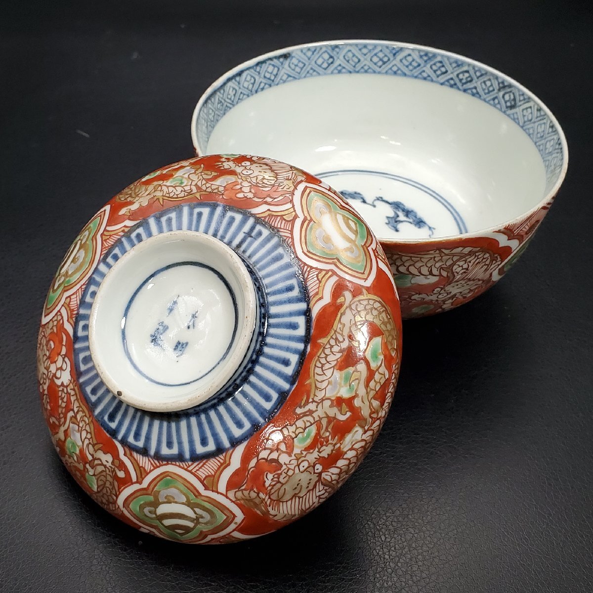 【寶蔵】古伊萬里 太明年制 錦手 赤絵龍文 蓋茶碗 飯碗 3客 約12㎝ 懐石道具 時代物 大明年制 ②