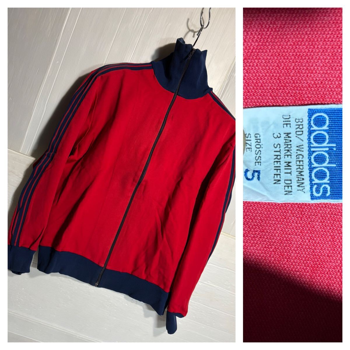 60's ヴィンテージ adidas アディダス　西ドイツ製　赤　× 紺　トラックジャケット　ジャージ　5 レッド　ZIPLON