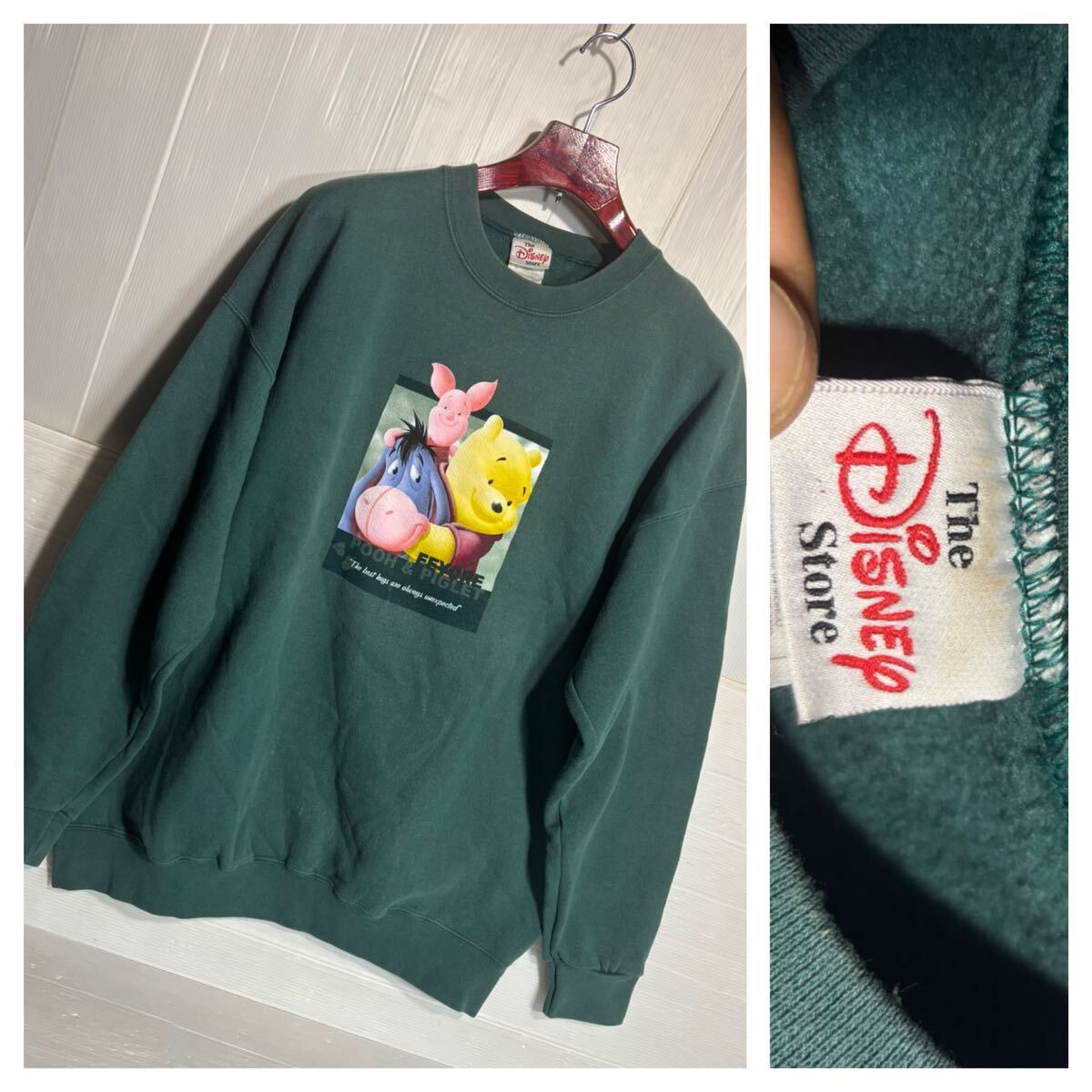 ヴィンテージ The DISNEY Store ディズニー　メキシコ製　プーさん　& イーヨー　ピグレット　深緑　スウェット　トレーナー　XL グリーン