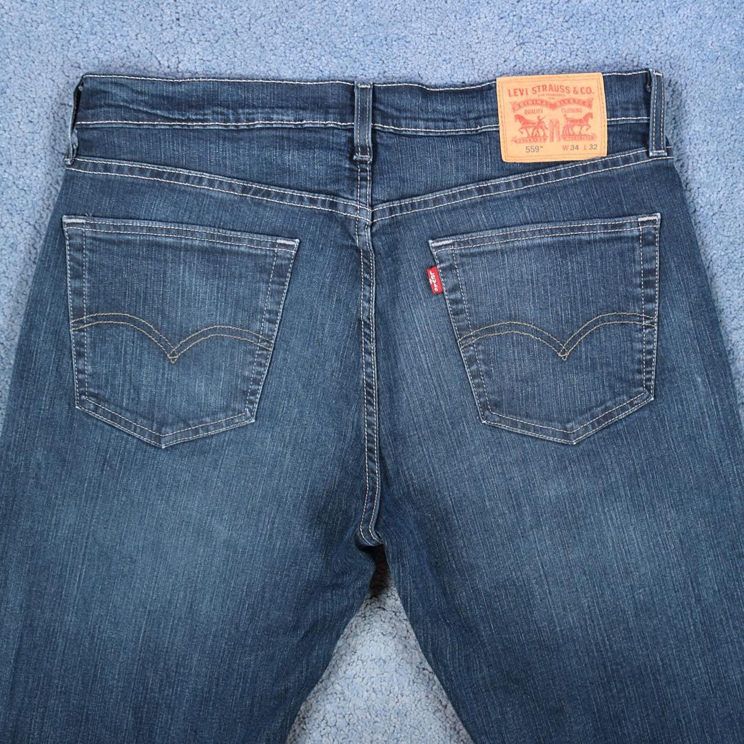 【送料無料】リーバイス 559 W34 紺 美品 デニム ジーンズ Gパン バギー ユーズド加工 ヒゲ フェード Levis Levi's メキシコ製 古着 EA9008