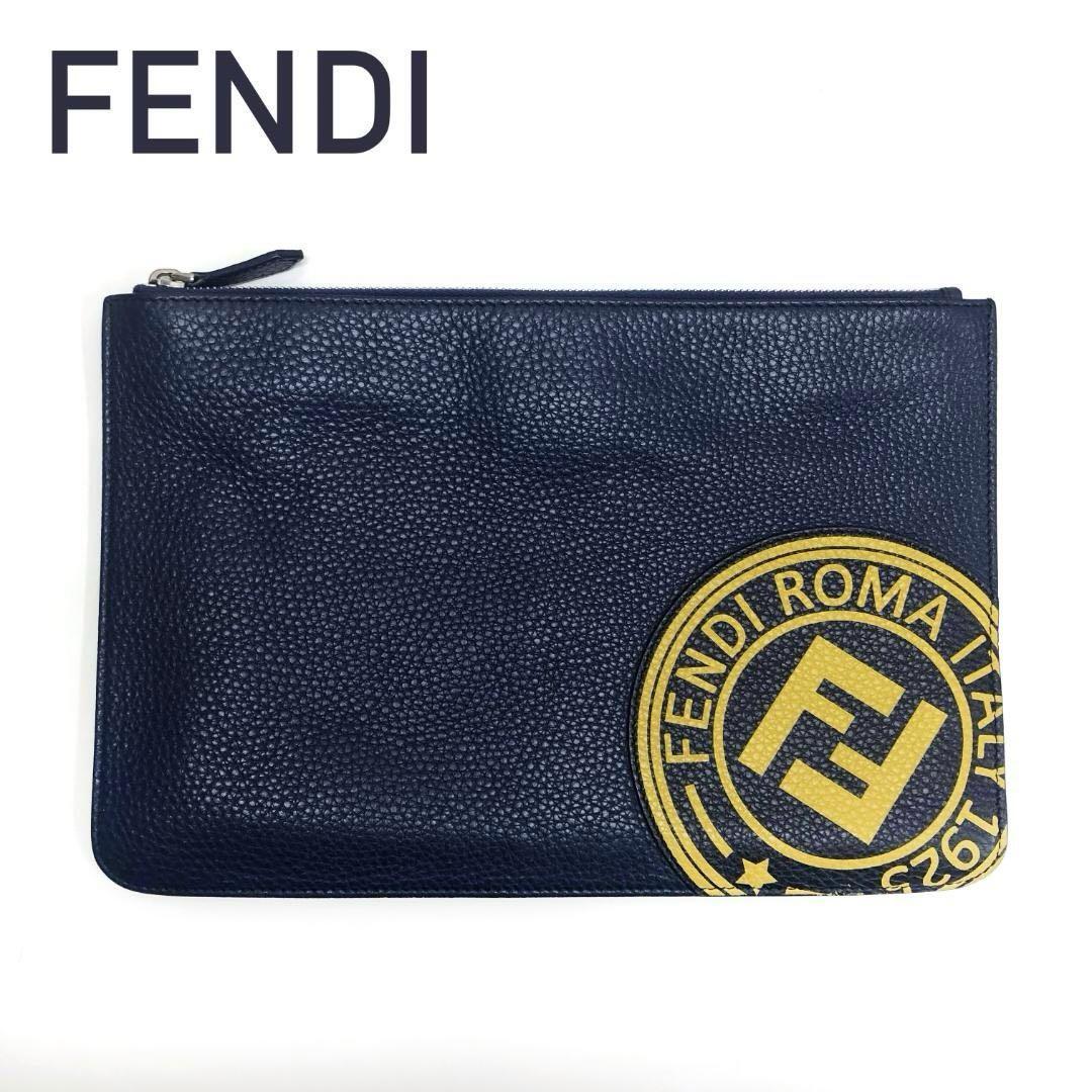 ☆美品☆FENDI レザー クラッチバッグ フラットポーチ ロゴ ネイビー