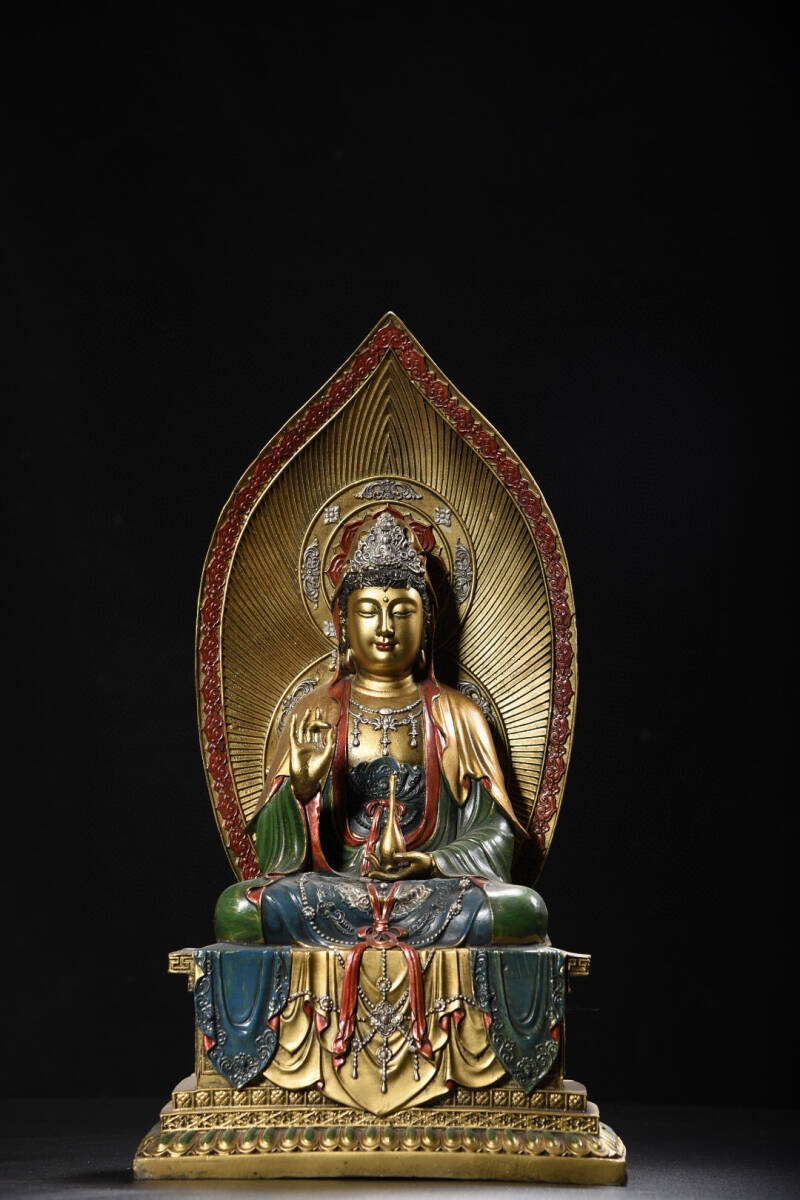 中国美術 大明永楽 古銅 彩色 観音菩薩像 仏像 ▽鴻▽ 紫銅製 塗金 觀音菩薩像 置物 古賞物 中国古玩 中国古