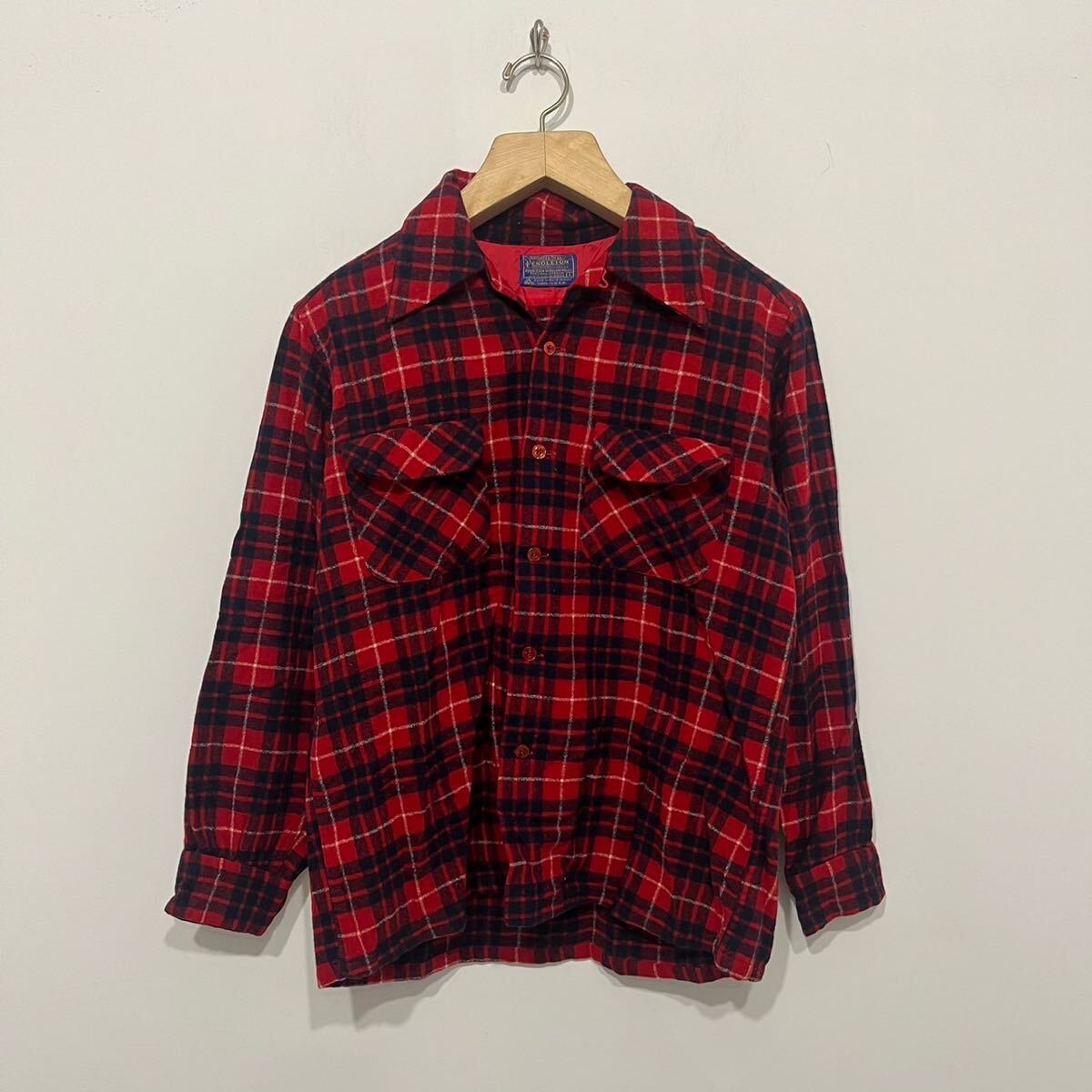 k550 美品 70s アメリカ 制 ビンテージ PENDLETON オープンカラー チェック ネル シャツ ボックス L レッド 赤 usa vintage ペンドルトン