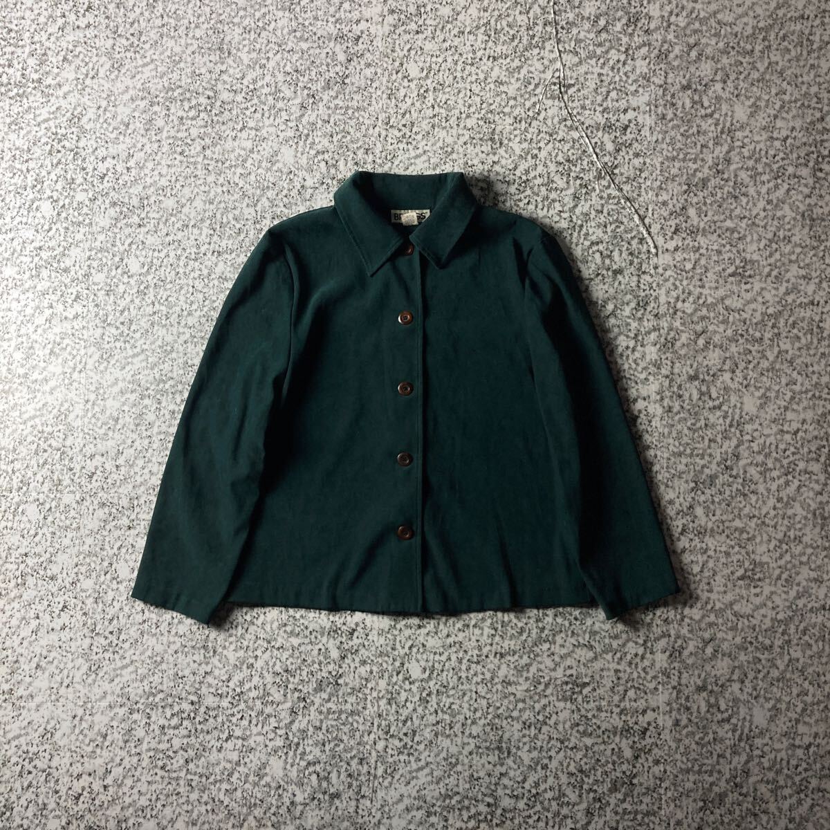 ダークグリーン　ヴィンテージL/Sベルベットシャツ　ブラウス　グリーン　Mサイズ 古着　ノームコア　ベロア