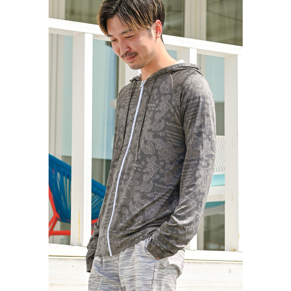 ☆ ペイズリー/チャコール ☆ XL ラッシュガード メンズ 長袖 通販 おしゃれ 柄 パーカー 夏 ジップアップ M L XL XXL 海 プール 海水浴