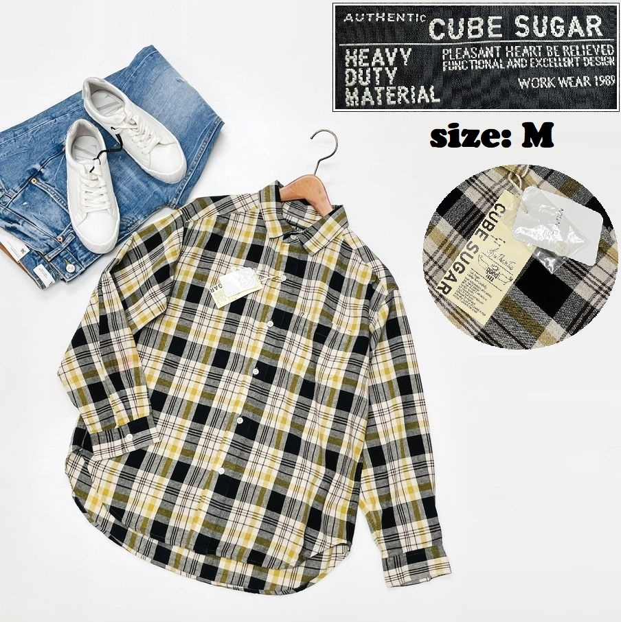 CUBE SUGAR /M/ ブラックチェック 長袖シャツ タグ付き イエロートップス カジュアル 生地 コットン アウトドア キャンプ キューブシュガー