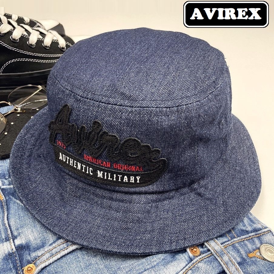 AVIREX ネイビー バケットハット 帽子 ミリタリー デニム生地 スポーツゴルフ アウトドア キャンプ バイク アビレックス アヴィレックス