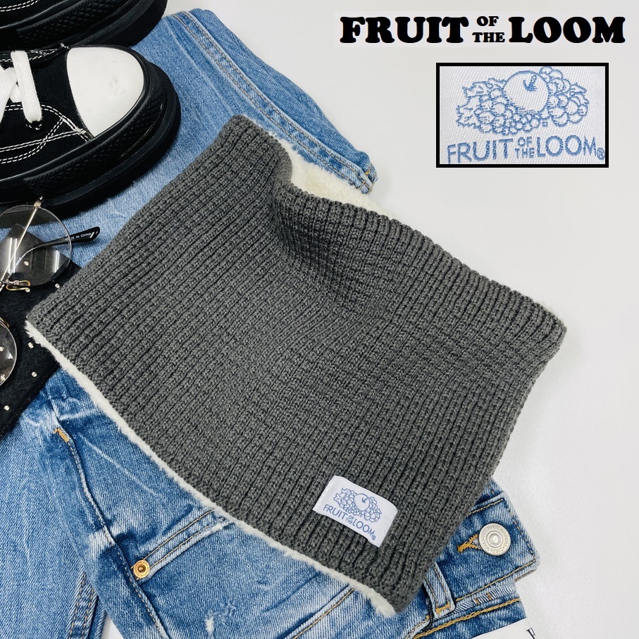 FRUIT OF THE LOOM ダークグレー ネックウォーマー マフラー キャンプ ゴルフ バイク トラック ホワイトロゴワッペン フルーツオブザルーム
