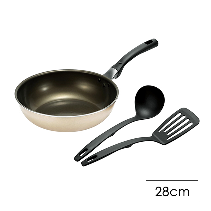 炒め鍋 28cm ふっ素加工 フライパン ガス火 IH お玉 ターナー付き YKM-6281