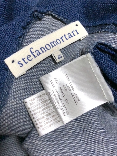 二點(diǎn)落札で送料無料！ 2A6【ほぼ未使用】ステファノモルタリ リネン×コットン 切り替え ノースリーブ Vネック 紺 ネイビー 40 レディース