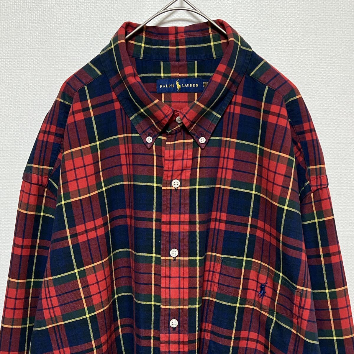RALPH LAUREN ラルフ ローレン ボタンダウン 長袖シャツ　タータンチェック　ポニーロゴ刺繍　ビッグサイズ2XL-TALL オーバーサイズ