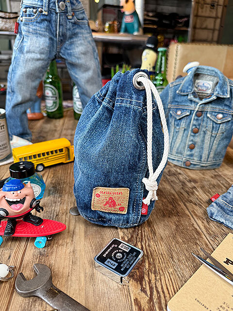 アライヤン　デニム　巾着　（Sサイズ）　岡山産デニム　MADE IN JAPAN　デニム　ドロストポーチ ■ アメリカン雑貨 アメリカ雑貨