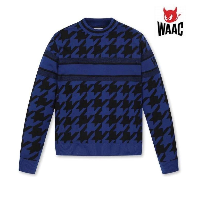 ◆A96 新品 定価50,600円 WAAC ワック ゴルフ ハーフタートルネックセーター【L】ネイビー系 ウィンターハウンズトゥース 防風