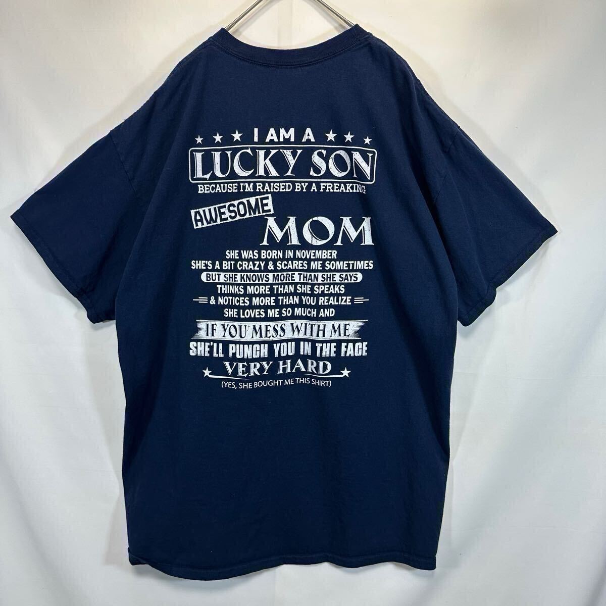 USサイズ XL 古着 半袖 Tシャツ 1点物 大きめサイズ　オーバーサイズ。ゆるだぼ　バックプリント GILDANボディ ネイビー
