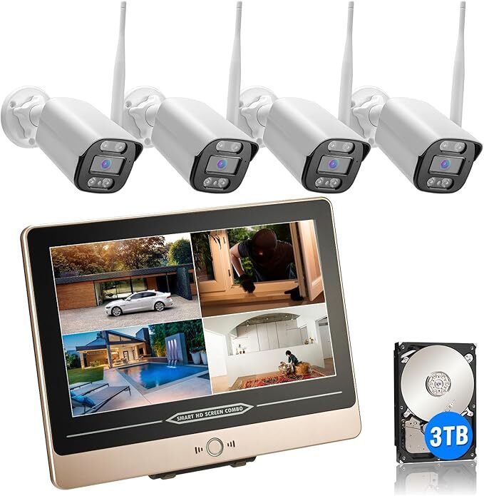 防犯カメラ ワイヤレス 屋外 室内 12インチLCD液晶モニタ一体型NVR 1920P カメラ4台セット 3TBHDD内蔵 10チャンネル追加可能