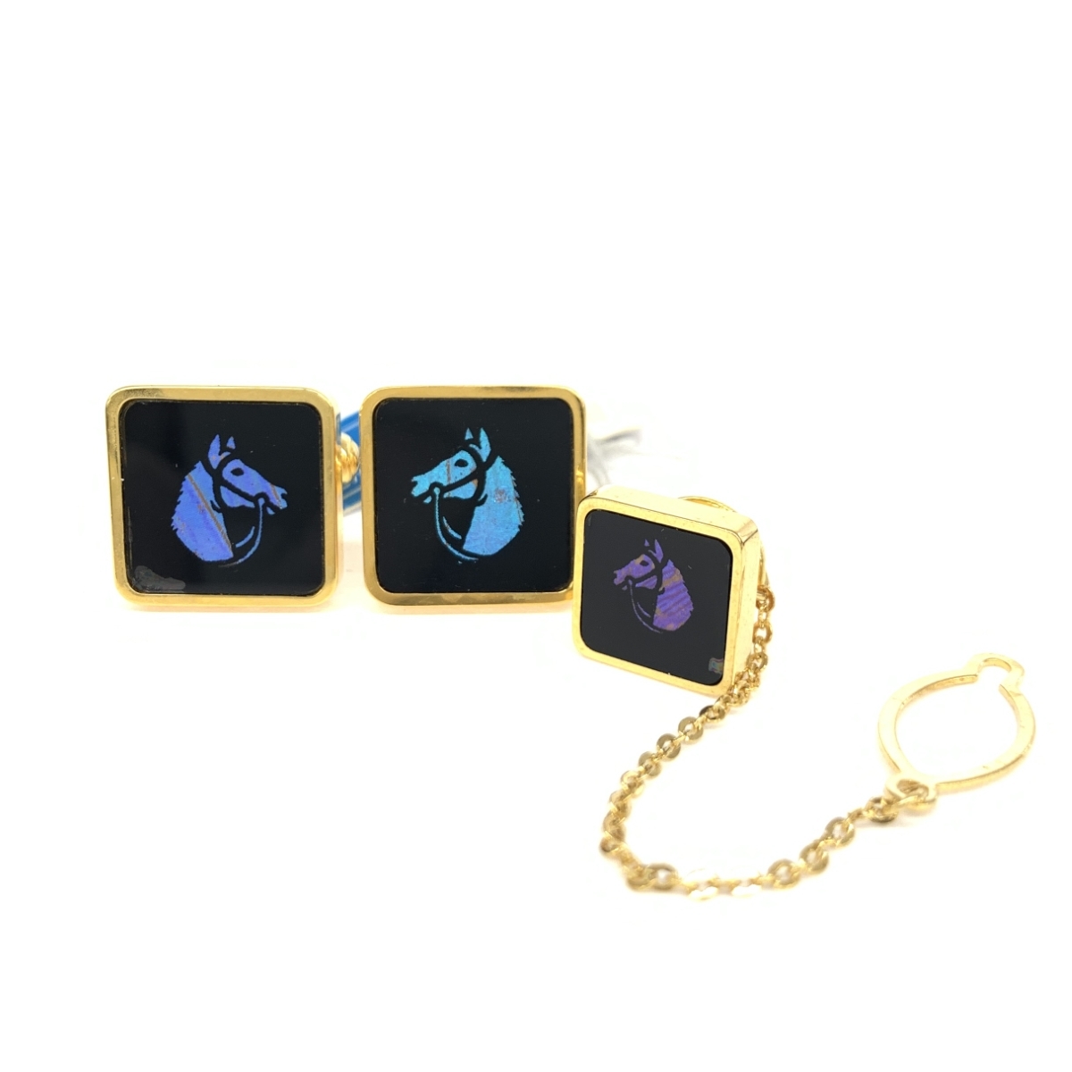 美品◆YUMI KATSURA タイタック&カフス◆ ブラック×ゴールドカラー 天然モルホ蝶×GP ホース メンズ フォーマル ネクタイ アクセサリー