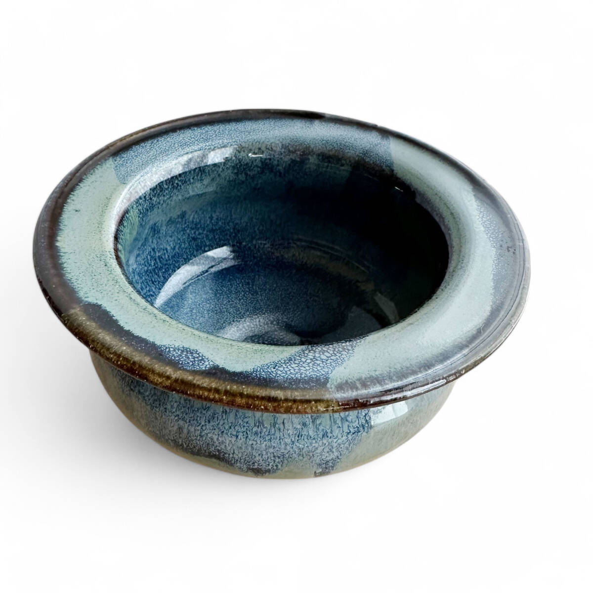 N2344 美品 こぶ志焼 山岡三秋 こぶ志窯 建水 海鼠釉 藍色 陶器 N2344 美品 こぶ志焼 山岡三秋 こぶ志窯 建水 海鼠釉 藍色 陶器